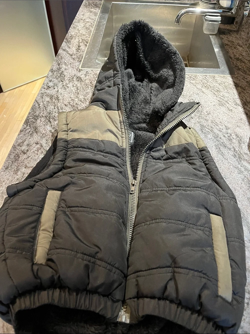 Kids Quilted Hooded Puffer Vest - Black and Olive